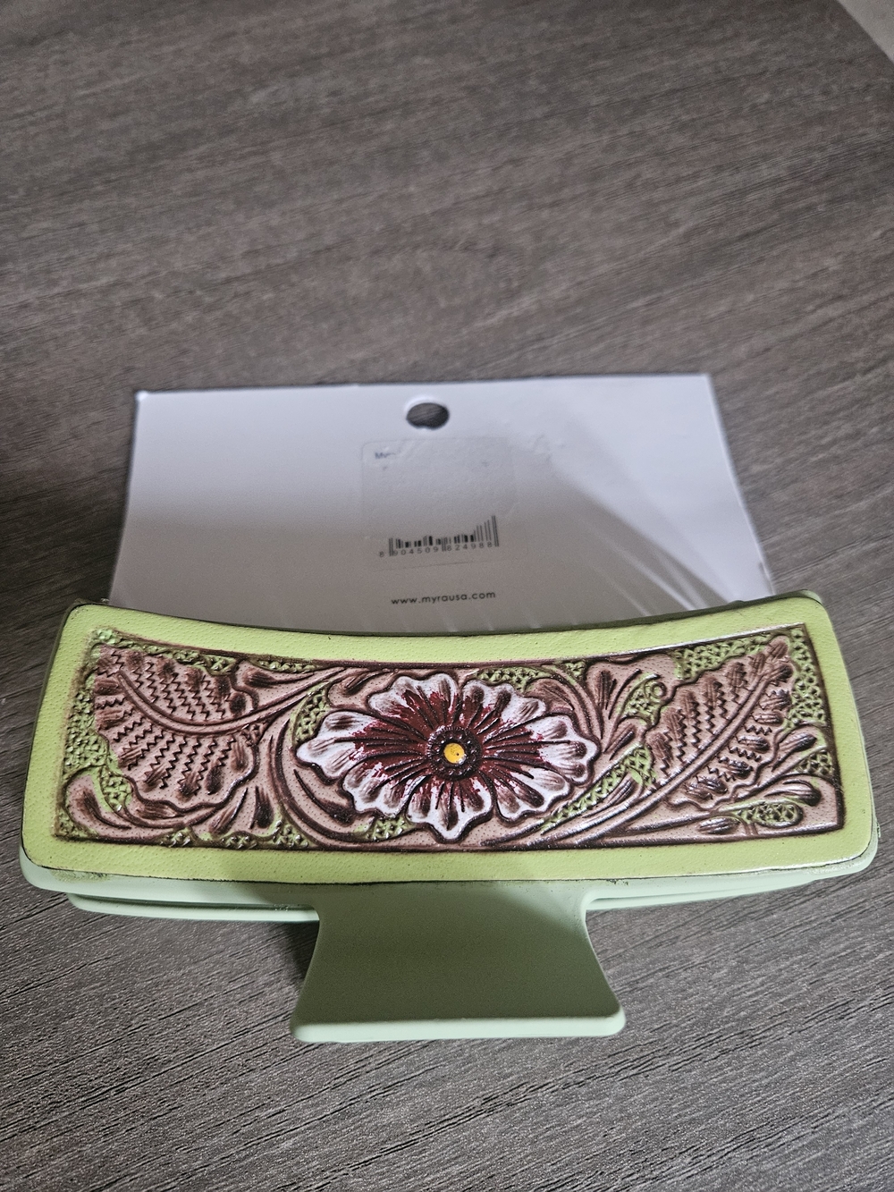 Myra Accessories 5 Inch Green Floral Leather Hair Clip - NWT - Picture 2 of 5